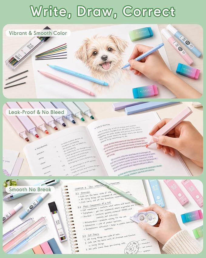 XKDOUS 54PCS All-in-One Cute School Supplies with Large Pen Case, 12 Pastel Highlighters, 5 Gel Pens, 9 Mechanical Pencils 0.5mm, 0.7mm & 2.0mm Stationary Set for Writing, Drawing & Drafting