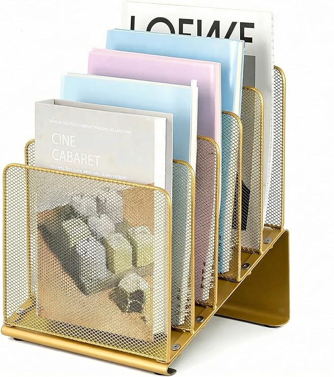 LEKETREE File Organizer for Desk, File Folder Organizer with 5-Section Vertical Rack, Suitable for Home Office Document Organization and Storage(Gold)