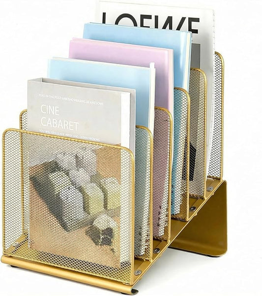 LEKETREE File Organizer for Desk, File Folder Organizer with 5-Section Vertical Rack, Suitable for Home Office Document Organization and Storage(Gold)