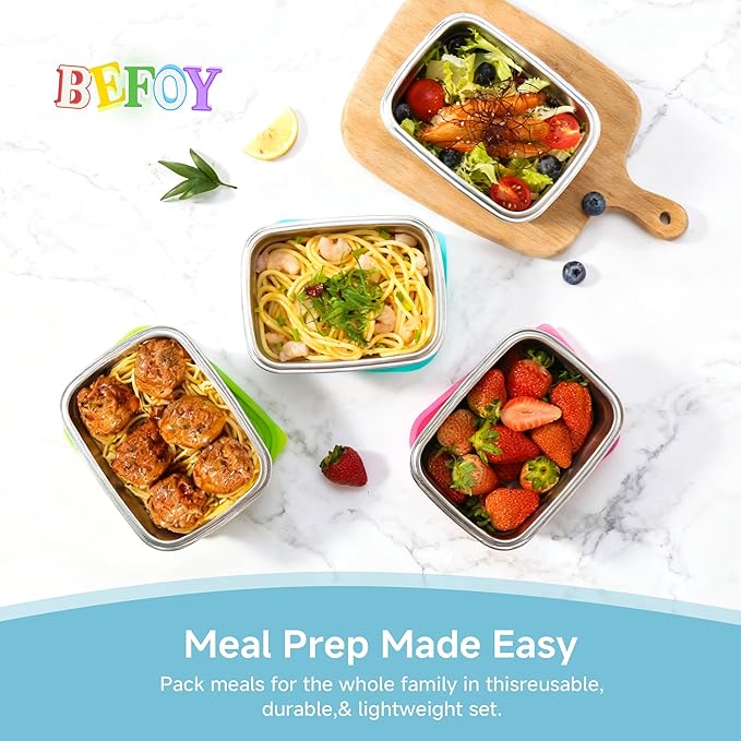 BEFOY Stainless Steel Snack Containers with Clear Silicone Lids for Kids/Adult Leak Proof Stackable Metal Lunch Box for Kitchen Storage, Meal Prep Easy Open & BPA-Free Stackable Box for Daycare