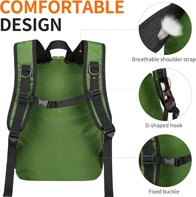Small Hiking Backpack Travel Lightweight Hiking Packable Daypack Water-Resistant Foldable Backpacks 15L for Travel Women Men Camping (Deep Green)