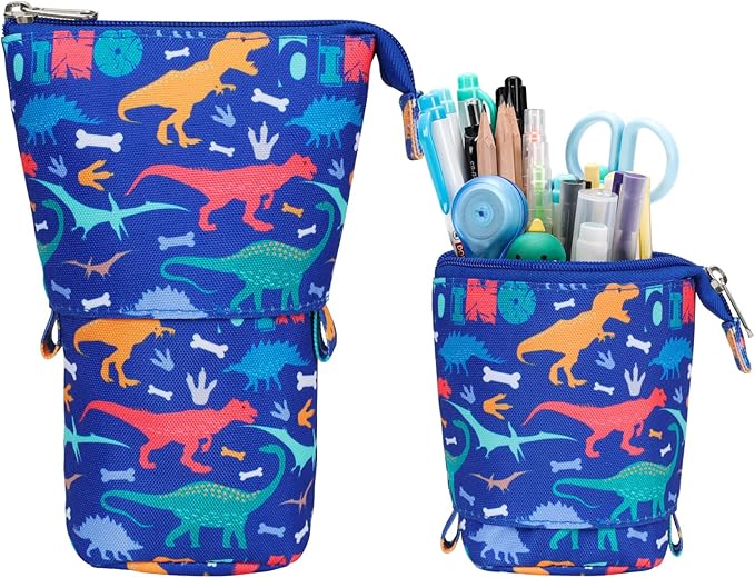 Standing Pencil Case for Boys - Telescopic Kawaii Pencil Pouch for Kids, Big Capacity Stand Up Stationery Pouch for School Students, Blue Dinosaur