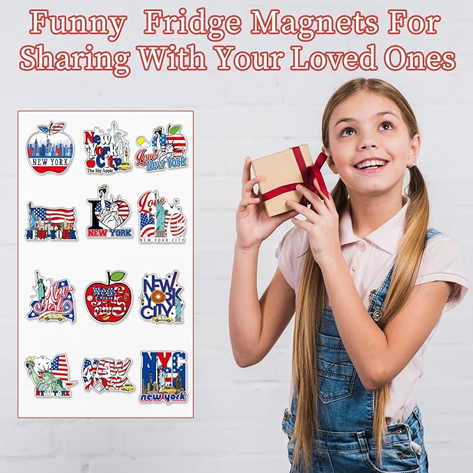 Wxiben New York Fridge Magnet - 12Pcs New York Souvenirs Gifts NYC Refrigerator Magnets USA Flag Statue of Liberty Fridge Magnetic Stickers for Home Office Kitchen Locker Traveler Tourist Gift