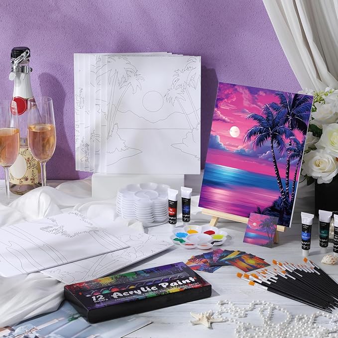 Ctosree 72 Pcs Vivid Sunset Paint and Sip Kit for Adults 8'' x 10'' Pre Drawn Canvas for Painting DIY Pre Printed Canvas for Party Favor Acrylic Painting Kit Wood Easel Brushes Date Night Bulk