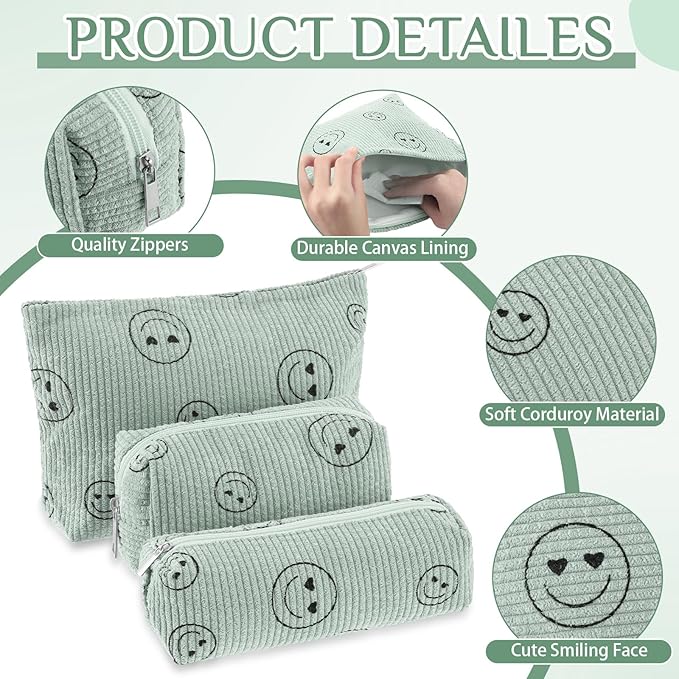 Huhumy 3 Pcs Makeup Bag Set for Women Corduroy Cosmetic Pouch Aesthetic Smile Travel Toiletry Bag Cute Purse Pouch Pencil Case Makeup Brushes Storage Organizer with Zipper(Green,Smile Face)