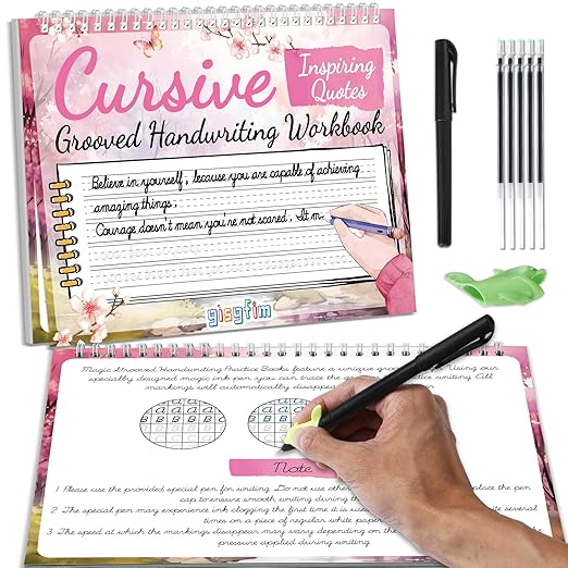 gisgfim Grooved Cursive Handwriting Workbook Magic Reusable Grooved Cursive Handwriting Practice Guided Tracing with Disappearing Ink Pens for Beginner Learning Activities Supplies (Inspiring Quotes)