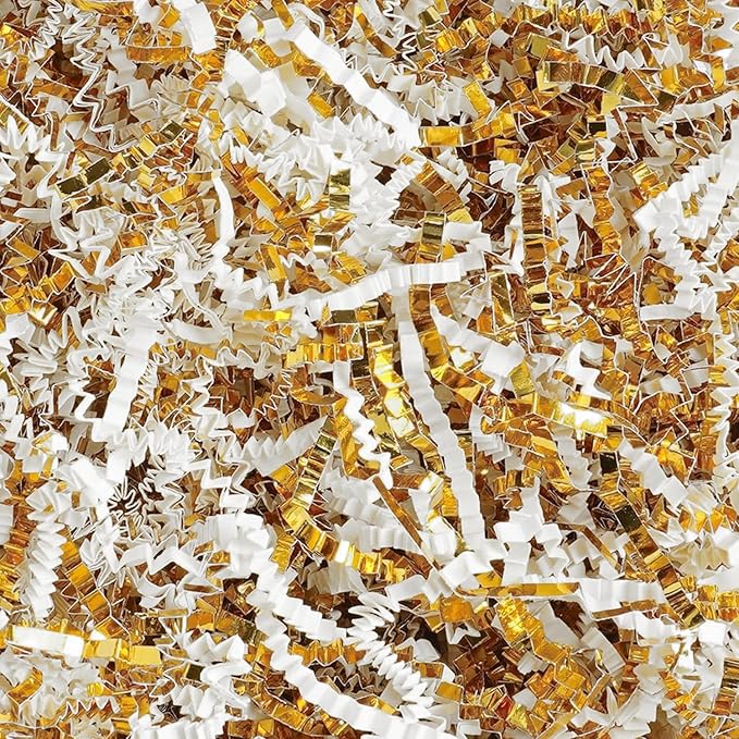 Uptotop 6oz Crinkle Cut Paper Shred Filler for Gift Wrapping, Gift Basket Filling, Perfect for Birthday, Christmas, Thanksgiving, Halloween, Easter, Valentine's Day, Mother's Day, Father's Day, Wedding & Holiday Decor (White and Gold)