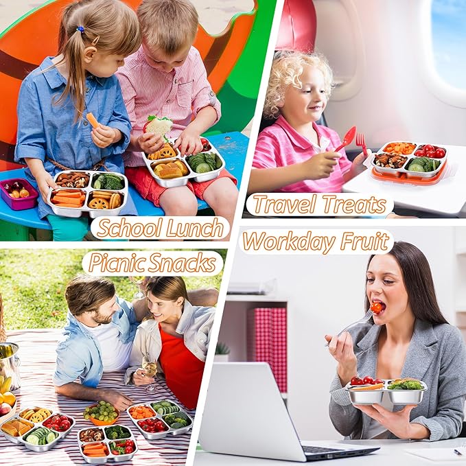 KTKUDY 3 Pack Stainless Steel Snack Containers - Divided Bento Snack Box - 4 Compartment Meal Prep Lunch Containers for Kids Daycare, School, Work, Travel