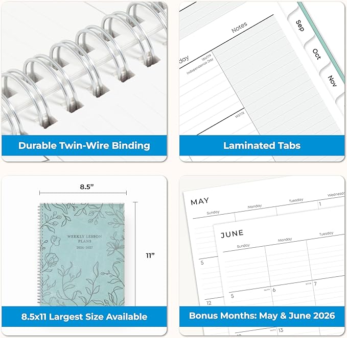 Blue Sky 2026-2027 Weekly and Monthly Academic Year Teacher Lesson Planner Calendar, July 2026 - June 2027, 8.5" x 11", Flexible Cover, Wirebound, Laminated Tabs, Storage Pocket, Prairie Aqua