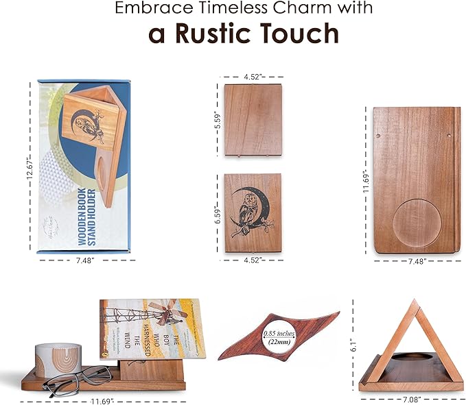 Wooden Triangle Book Stand & Reading Valet – Book Rest with Cup, Phone, Glasses & Pen Holder – Thumb Book Page Holder - Nightstand Book Holder & Gift for Book Lovers, Readers & Bibliophiles
