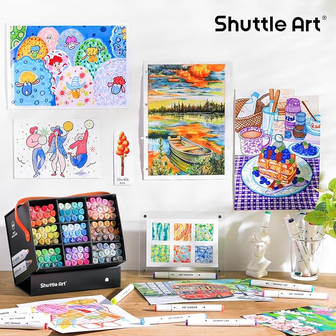 Shuttle Art Brush Tip Alcohol Markers, Dual Tip Brush & Chisel Tip Art Marker Set, 121 Colors Marker Pens with Organized Case Perfect for Illustration Kids Students Adults Coloring Sketching