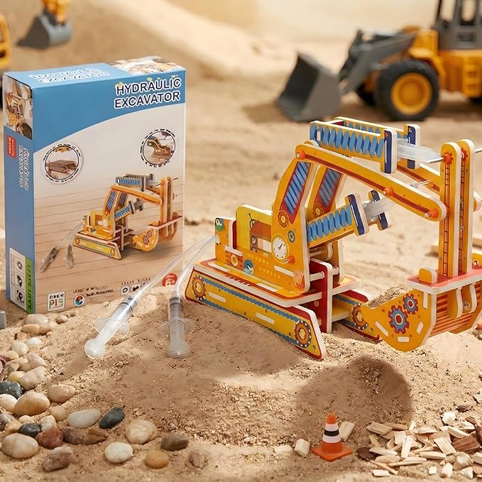 STEM Pneumatic Excavator Model Kit – DIY Science Toy for Kids, Build a Working Digging Machine with Air Pressure Syringe & Tubing