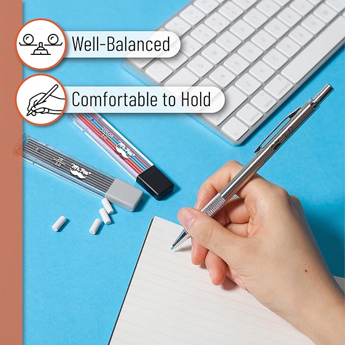 Mr. Pen- Metal Mechanical Pencil Set with Lead Refills & Erasers, 2mm, HB & Colored Lead Refills, 4x Eraser Refills for School Supplies, Note Taking, Drawing, Sketching, Office