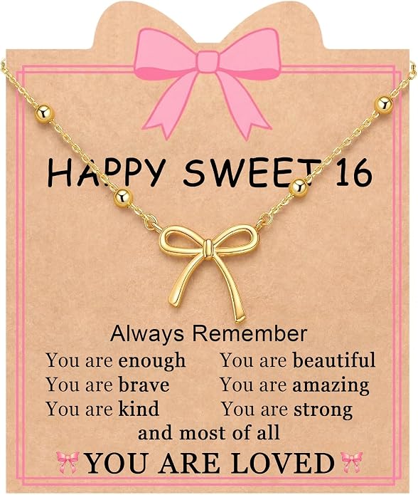 Gold Bow Necklace with Card, Graduation/16th/Back to Shool Gifts for Girl - You Are Enough and Loved