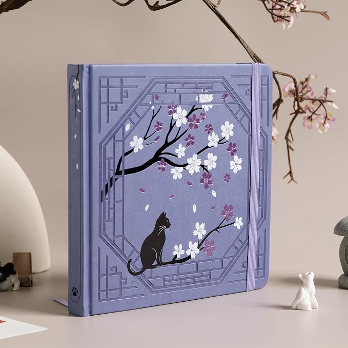 TIEFOSSI Square Dotted Journal, Cute Cat Journal for Women Girls, Dot Notebook with Pretty Sakura Pattern, Aesthetic Diary for Writing Journaling Drawing, Golden Edges, 8 x 8 IN