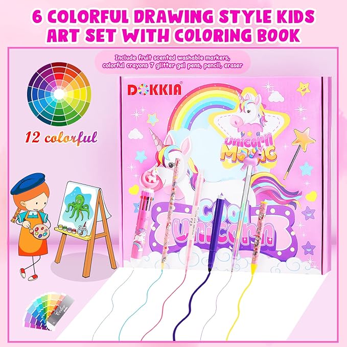 DOKKIA Fruit Scented Coloring Pens Markers Set 65 PCS Art Craft Drawing Case - Washable Kits Pencil,Gel Pen,Crayon&Coloring Book Supplies Unicorn Rainbow Pink