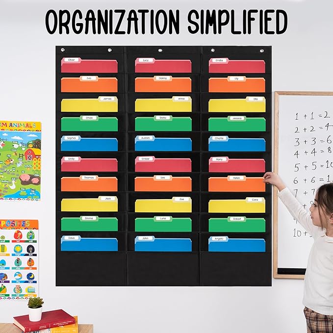 Essex Wares - 30 Pocket File Pocket Chart, Black, 42" Wide x 47" Tall - Versatile Wall Hanging File Folder Organizer for Classroom, Office, Home, and More - Wall Folder Organizer - 30 Pockets