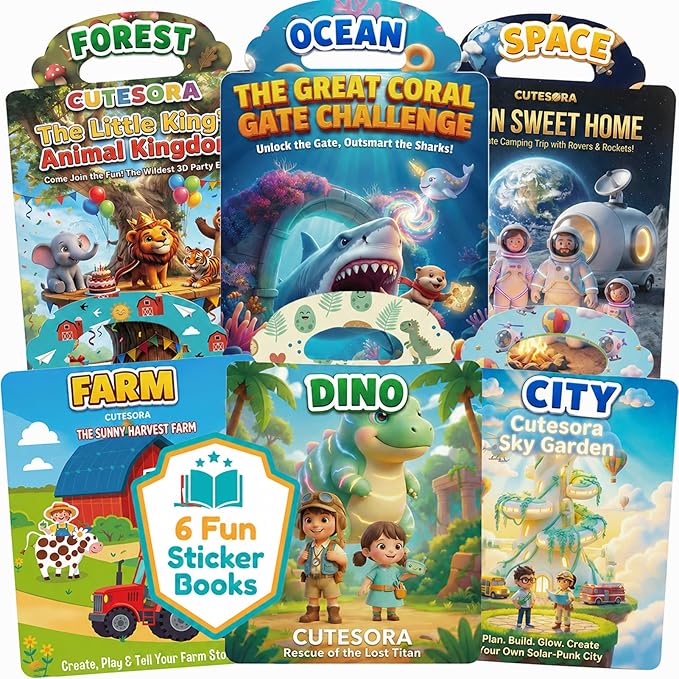 6 Sets Reusable Sticker Books for Toddlers 3-6, Jelly Sticker Book Toddlers 1-3, Kids Sticker Activity Toys 3 4 5 6, Waterproof Travel Books Girls & Boys