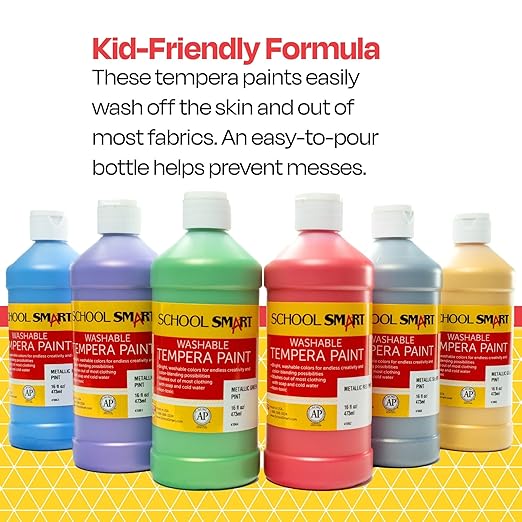 School Smart Washable Tempera Paints for School and Arts and Crafts Use, 16 Ounces Each, Assorted Metallic Colors, Set of 6
