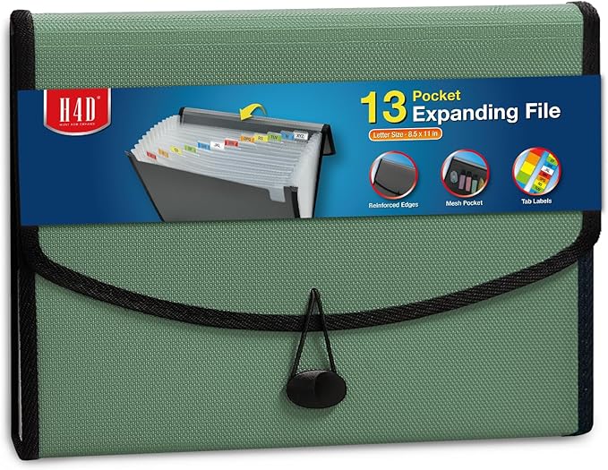 H4D 13-Pocket Accordion File Organizer with Mesh Pocket, Expanding File Folder with Tabs, Expandable Document Organizer for Home Office School, Letter Size, Sage