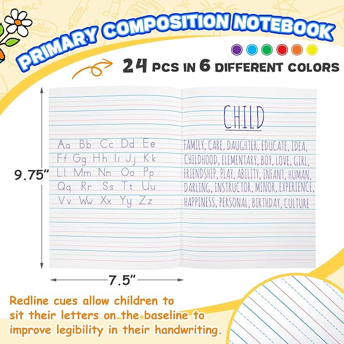 Henoyso 24 Pcs Primary Composition Notebook K-2, Wide Ruled 9.75" x 7.5" Journals, 60 Pages, Writing & Handwriting Practice for Kindergarten, 1st & 2nd Grade, Back to School Supplies