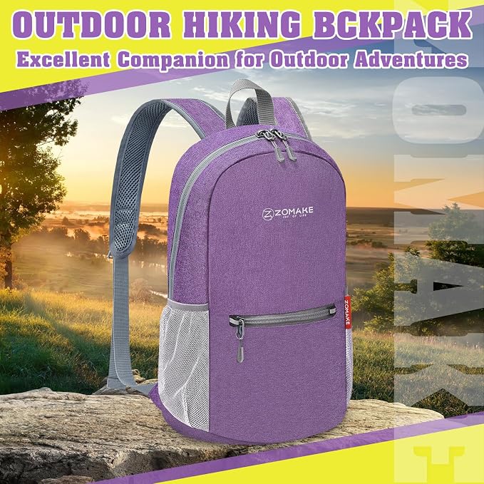 ZOMAKE Lightweight Packable Backpack, 10L Small Foldable Daypack for Hiking | Water Resistant Collapsible Backpacks for Women Men,Everyday Carry,Multi Compartment Storage,Adjustable Strap(Light PurpleA5)