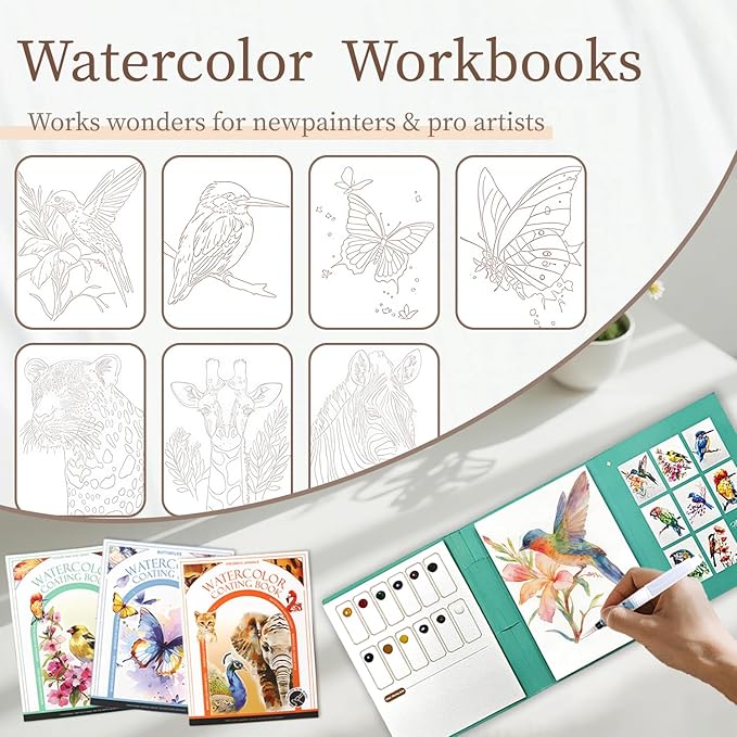NaTuGi 3Pac Watercolor Workbook for Adults,Watercolor Coloring Book,Portable Watercolor Painting Books,Creative Stress Relief Kit,Suitable for Beginners Birthday Gift (Animal Series 3pc)