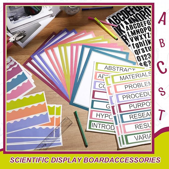 Sinload 92 Pcs Science Fair Board Supplies 60 Trim Scalloped Poster Boards 18 Presentation Subtitles 6 Project Titles 8 Letter Sticker for Classroom Display Boards(Bright Color,Wave)