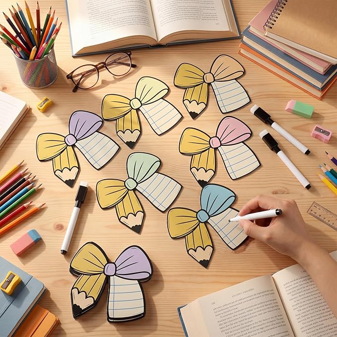 Crtiin 42 Pcs Back to School Bow Magnetic Name Tags Set for Lockers 4 Inch Pencil Notebook Design Bow Dry Erase Labels Magnetic Reusable Name Tags for First Day of School Whiteboard Classroom Decor