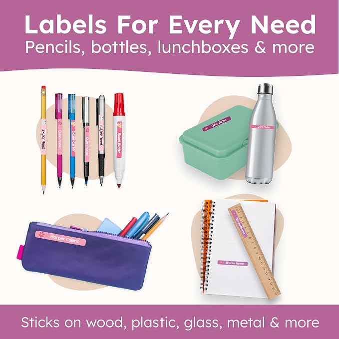 Personalized Kids Name Labels for Pencils Pink [225pcs] - Waterproof Name Stickers for School & Daycare - Pencil Custom Name Stickers - Children Name Stick On Labels for Pens (2.0”x0.3”)