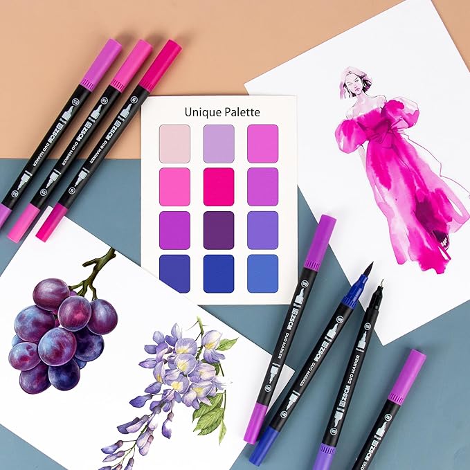 Purple Duo Tip Marker Pens, 12 Pack Fine & Brush Markers for Adult Coloring Books No Bleeding, Royal Purple Markers for Fantasy Art, Mystical Patterns, Creative Shadows and Luxury Themes