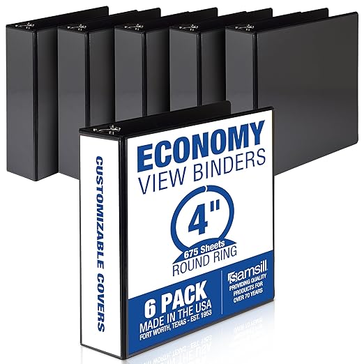 Samsill 4 Inch 3 Ring Binders, Economy Round Ring, Clear View Cover, 675 Sheet Capacity - for School, Home, Office - Black, 6 Pack