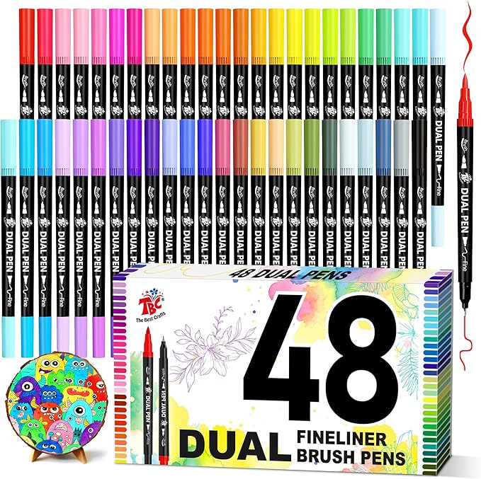TBC The Best Crafts Dual Tip Brush Markers, 48 Colors Art Markers for Adult Coloring Books, Double Tip Colored Pens with Fine Point and Brush Tip for Coloring, Writing, and Calligraphy