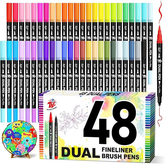 TBC The Best Crafts Dual Tip Brush Markers, 48 Colors Art Markers for Adult Coloring Books, Double Tip Colored Pens with Fine Point and Brush Tip for Coloring, Writing, and Calligraphy
