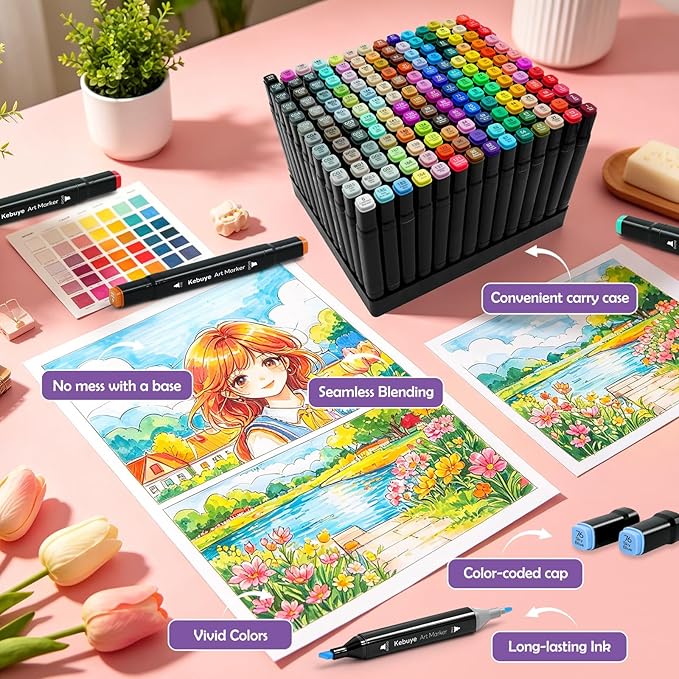 Kebuye 168 Colors Alcohol Markers Set, Professional Drawing Markers for Artist Adult Coloring Books Black Permanent Dual Tip Art Markers with Holder, Coloring Marker for School Sketching Coloring