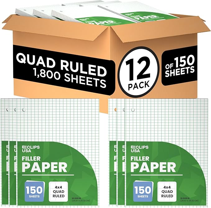 Graph Paper Loose Leaf Paper Quad Ruled Notebook Paper Quad Ruled 4” x 4” Square Lined Writing Filler Paper 10.5” x 8” 1800 Sheets 150 Sheets Per Pack 60 gsm (12 Pack)