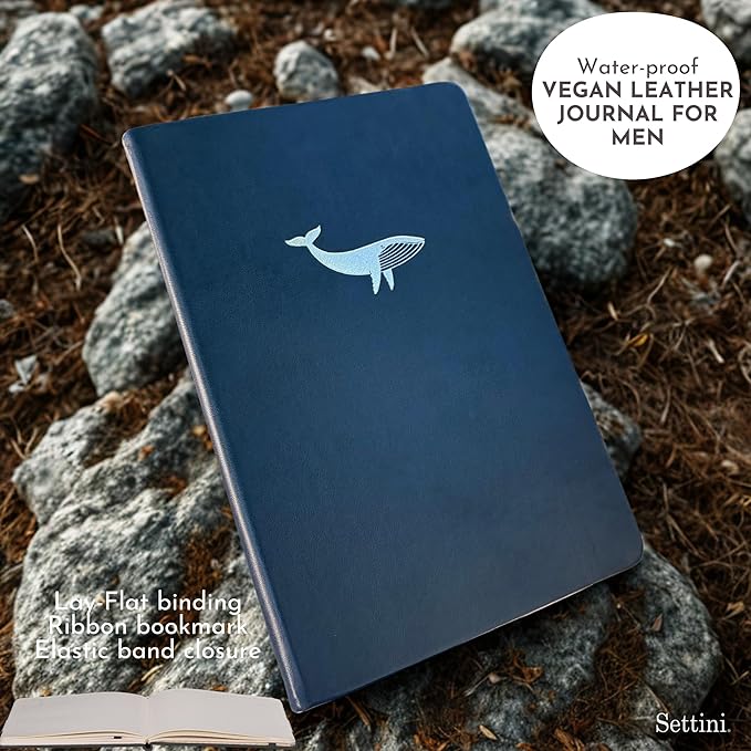 SETTINI Lined Journal, Ideal for Journaling - A5 Vegan Leather Notebook, 192 Archival-Quality Pages, QuillEase Bleed-Free Paper, Inner Pocket & Bookmark - Whale Gifts, Navy Whale