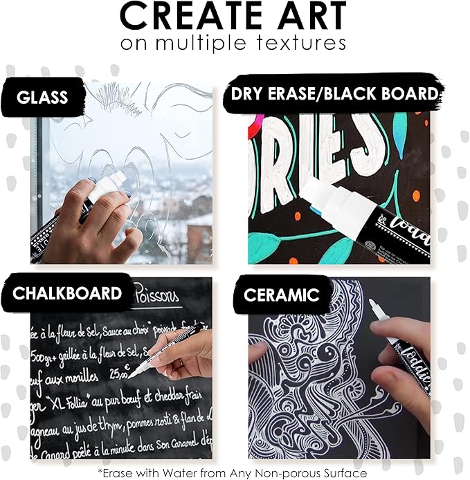 Loddie Doddie Liquid Chalk Markers - Pack of 5, Multi-Tip 1-15mm, White - Versatile Chalk Art for Blackboard & Window - Fine Tip Ink Pen for Intricate Designs - Erasable Dry Erase Markers