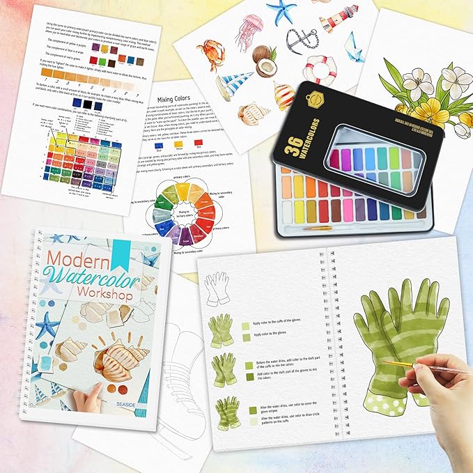 5Pcs Watercolor Workbook, Beginner-Friendly Water Coloring Book with 36 Colors Paint, Watercolor Paper, Watercolor Painting Kit - Beginner Friendly Watercolor Workbook with Step by Step for Adults
