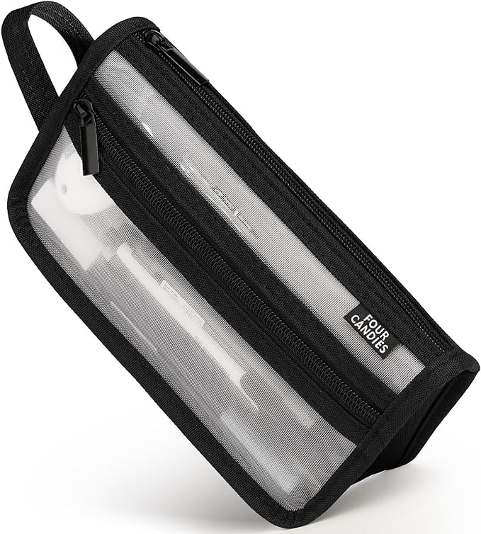 Four Candies Grid Mesh Pencil Case, Clear Double-layer with Handle (Black) | Smooth Zipper, Transparent Pencil Pouch, Cute Stationary, Makeup Bag, Travel Friendly, for Adult Office College