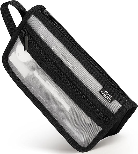 Four Candies Grid Mesh Pencil Case, Clear Double-layer with Handle (Black) | Smooth Zipper, Transparent Pencil Pouch, Cute Stationary, Makeup Bag, Travel Friendly, for Adult Office College
