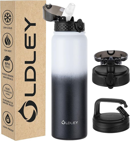 Oldley Insulated Water Bottle 32oz Water Bottles with Straw, Stainless Steel Water Bottle with 3 Lids, Double Wall Vacuum Thermo for Adults Kids,Leak-Proof Sport Bottles for School Travel, White Black