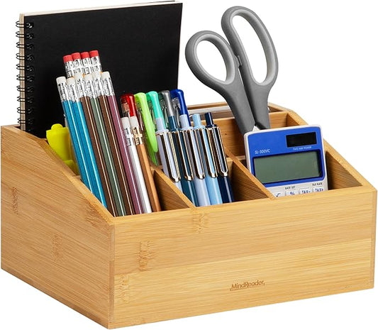 Mind Reader Desktop Organizer, 7-compartment, Office Essentials, Modern, Office, Bamboo, 9.25"L x 7.25"W x 4.5"H, Brown