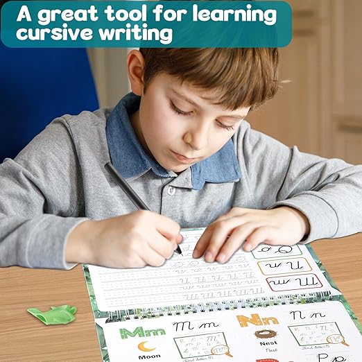 gisgfim Grooved Cursive Handwriting Workbook Magic Reusable Grooved Cursive Handwriting Practice Guided Tracing with Disappearing Ink Pens for Beginners Kids Learning Activities Supplies (Letters)