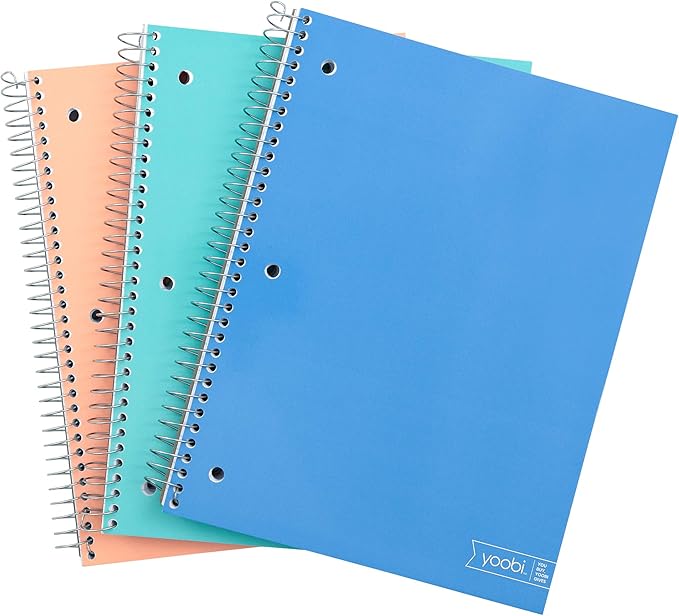 Yoobi College Ruled 8 x 10.5” Spiral Notebook Set – Bulk 3-Pack of 3 Subject Notebooks, Blue, Mint Green & Blush Pink – Gift Idea – 150 Perforated, 3-Hole Punched Sheets