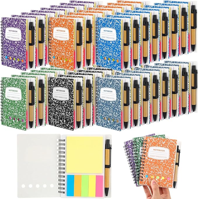 Dunzoom 48 Sets Spiral Notebook Bulk, Steno Pads Lined Notepad with Pen, Sticky Notes Colored Index Tabs, 5.2" x 4.1" Pocket Notebook for Home Business Office Supplies, 60 Sheets (Multicolor)