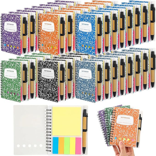 Dunzoom 48 Sets Spiral Notebook Bulk, Steno Pads Lined Notepad with Pen, Sticky Notes Colored Index Tabs, 5.2" x 4.1" Pocket Notebook for Home Business Office Supplies, 60 Sheets (Multicolor)