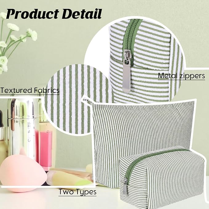 Huhumy 2 Pcs Makeup Bag Set for Women, Bean Green, Thin Striped Seersucker | Cute Cosmetic Pouch Women Travel Toiletry Bag Preppy Small Makeup Purse Pouch Aesthetic Skincare Brushes Storage Organizer