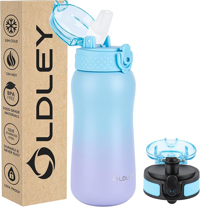 Oldley Insulated Water Bottle 12oz Kids Water Bottles with Straw, Stainless Steel Water Bottle with 2 Lids,Double Wall Vacuum Bottle, Leak-Proof Sport Bottles for School Travel, Ombre Blue-purple