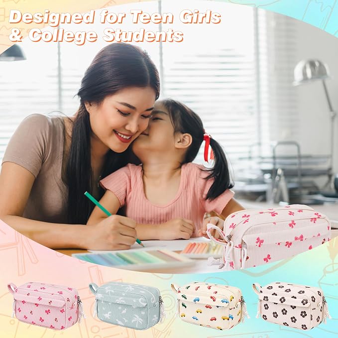 Big Capacity Pencil case,Soft Corduroy Pencil Bag with 3 Compartment,Pencil Pouch School Supplies Cute Pencil Box Pencil Bag for Teen Girls Boys College (Bow With Cherry)